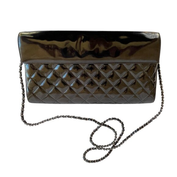CHANEL Black Patent Leather Quilted Chain Wallet Bag Shoulder Clutch WOC - Picture 6 of 16